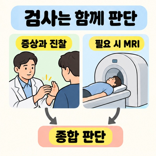 의료진이 환자의 손을 진찰하는 모습과 MRI 검사 장면을 나란히 배치하고 두 정보를 종합 판단으로 연결한 이미지