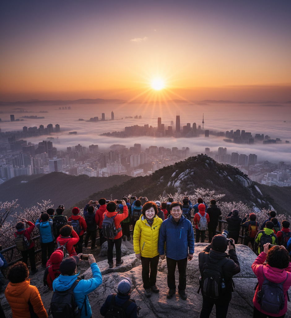 산 정상에서 바라본 서울근교 해돋이와 사람들의 뒷모습