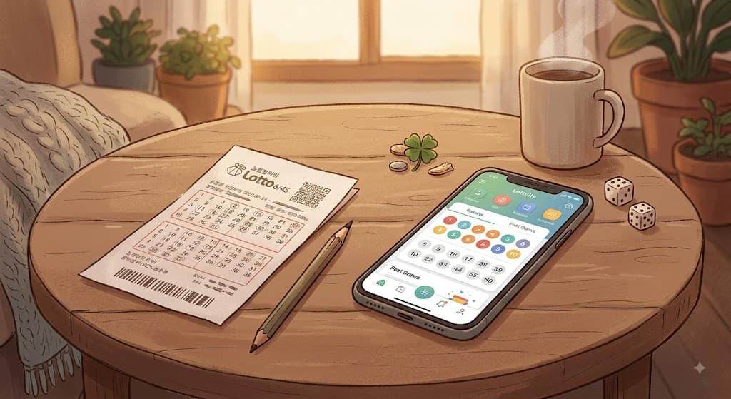 로또 복권 용지와 스마트폰 앱 화면이 함께 있는 아늑한 일러스트