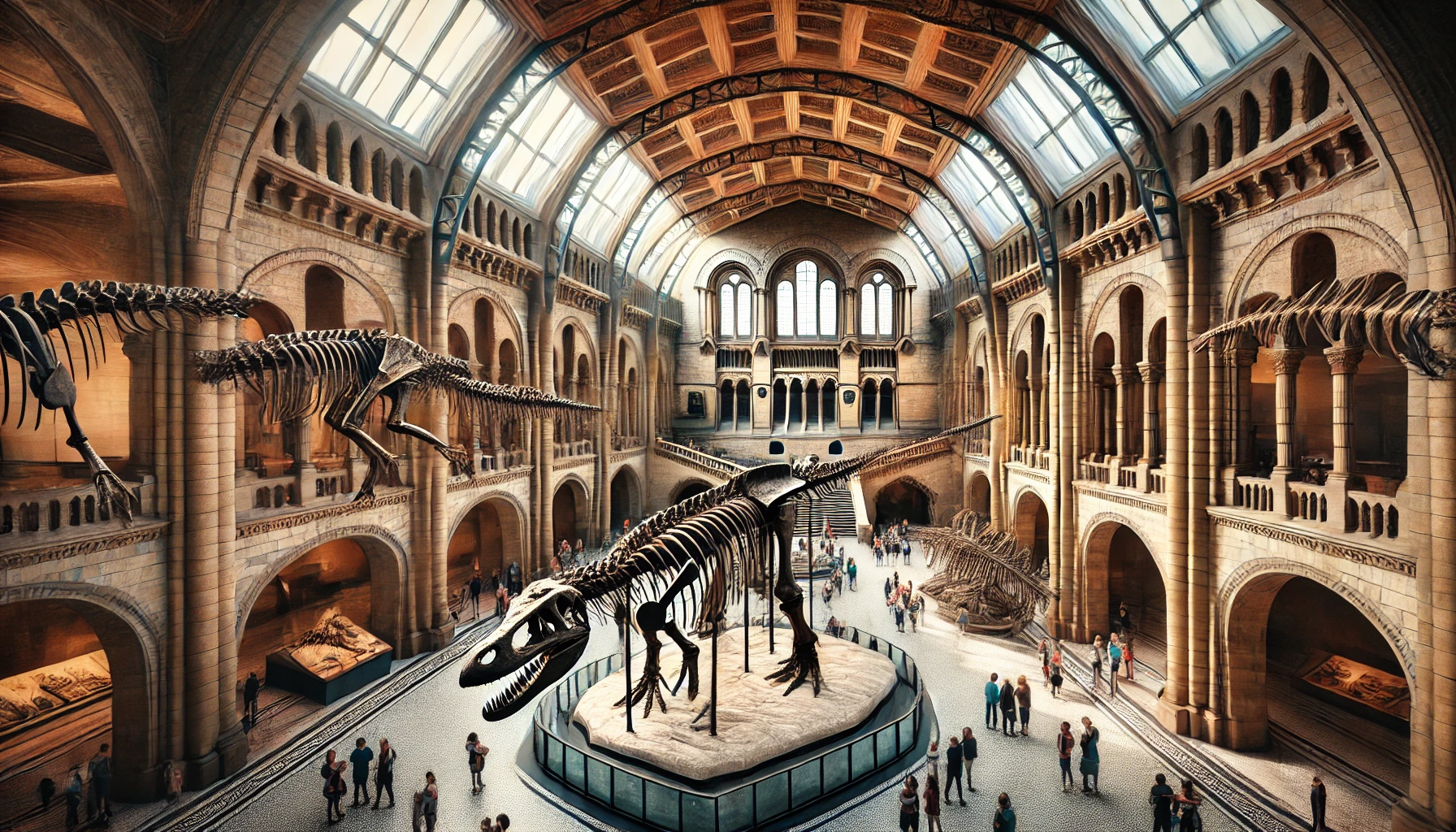 자연사 박물관 입구와 거대한 공룡 화석 전시 모습