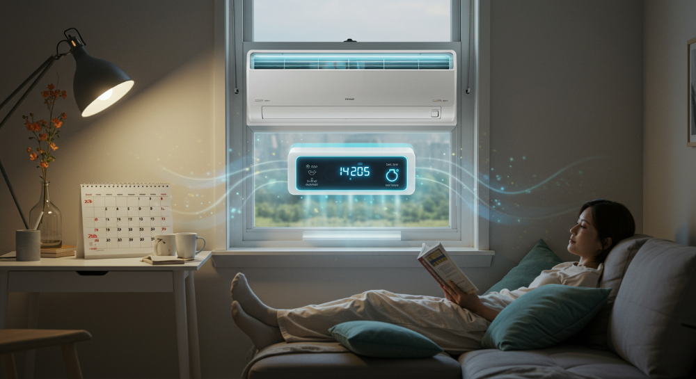 2025년 여름철, 창문형 에어컨을 스마트하게 사용하여 전기요금을 절약하는 아늑한 거실 풍경.