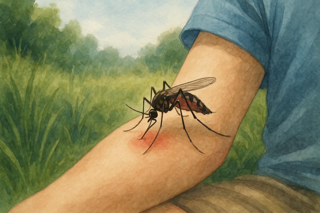 사람의 팔에 앉아 피를 빠는 모기를 클로즈업한 수채화 스타일의 그림, 푸른 옷과 초록 배경이 어우러진 여름 들판 풍경