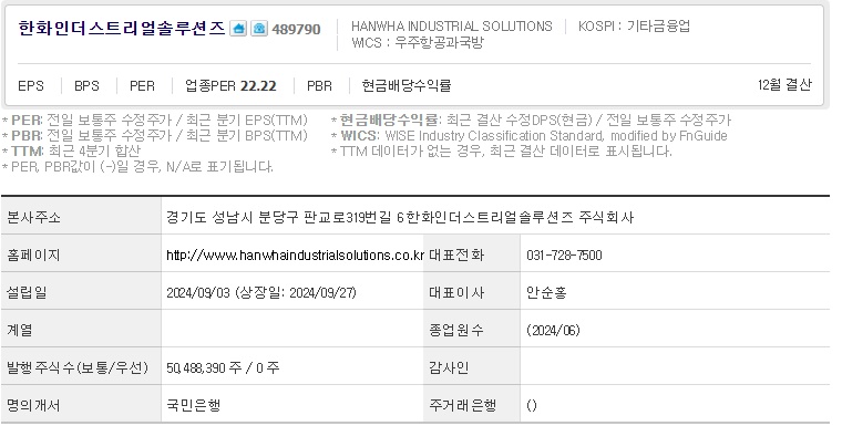 한화인더스트리얼솔루션즈 주가 기업개요 (1007)