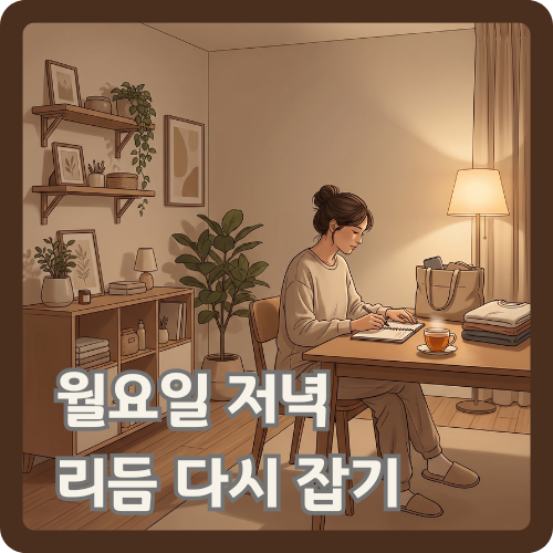 월요일 저녁 집 안에서 메모장과 따뜻한 차를 두고 생활 리듬과 내일 준비를 정리하는 여성의 웰니스 루틴 일러스트