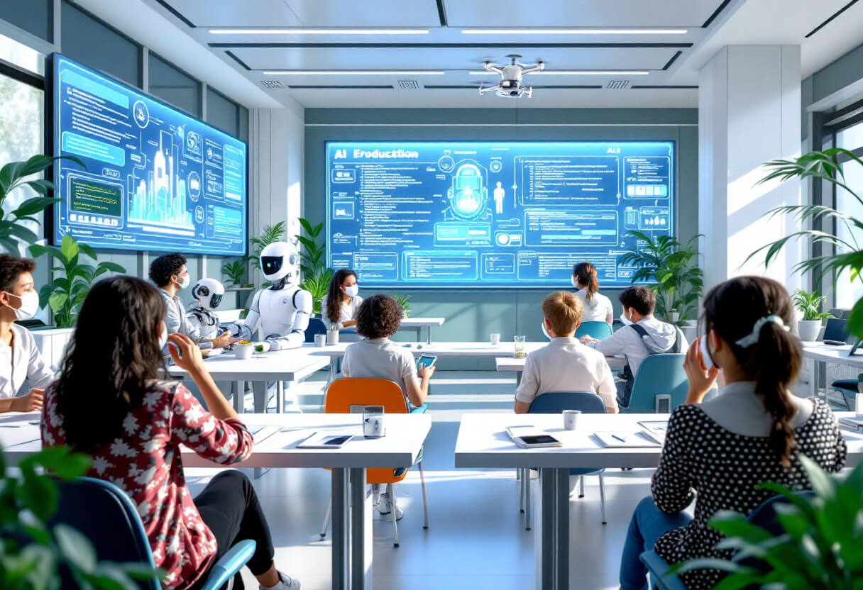 미래형 교실에서 학생들이 AI 로봇과 함께 학습하는 모습. 벽에는 프로그래밍 코드와 데이터 흐름을 표시한 디지털 스크린이 있으며, 학생들은 몰입형 AI 교육을 받고 있습니다. 자연 채광과 초록 식물이 돋보이는 친환경 학습 환경입니다