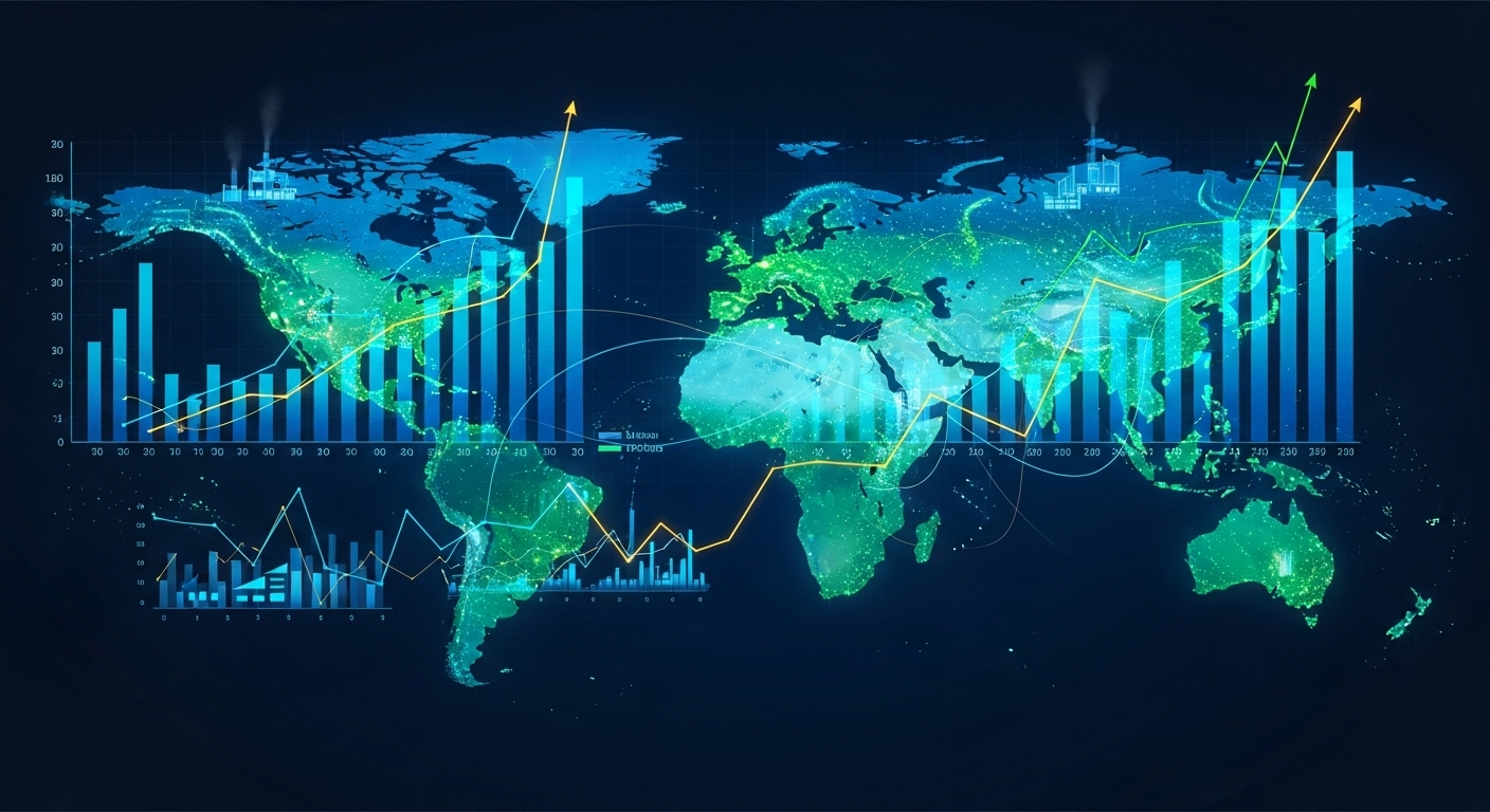 글로벌 경제 회복을 나타내는 상승 그래프들과 활발한 무역 활동. 2025년 세계 경제의 성장과 한국 증시에 미치는 긍정적인 영향을 보여줍니다.