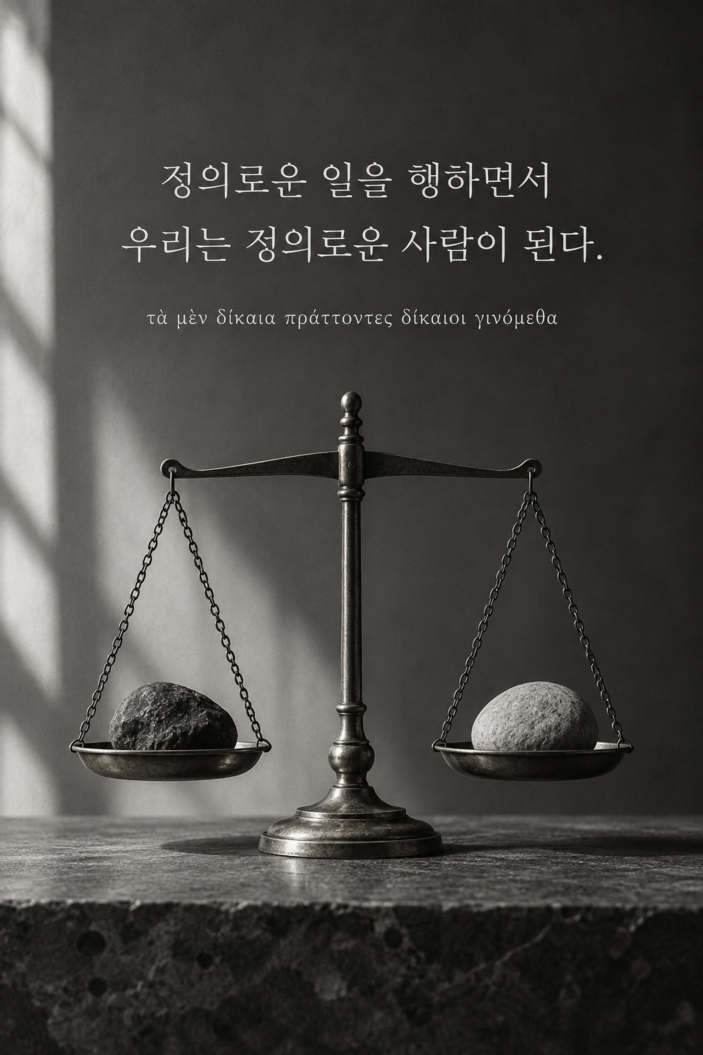 아리스토텔레스 명언 14 — 정의로운 일을 행하면서 우리는 정의로운 사람이 된다. — 흑백사진