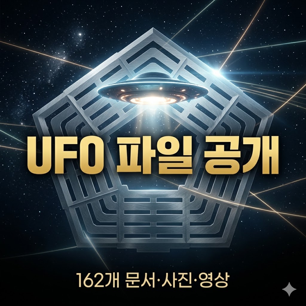 어두운 밤하늘 배경에 은은한 별무리와 미확인 빛줄기가 교차하는 우주 같은 공간.
중앙에 거대한 반투명한 금속 질감의 “펜타곤” 건물 실루엣과 UFO 형태의 빛나는 물체가 떠 있는 듯한 구성.
상단 중앙에 큰 금색 한글 “UFO 파일 공개” 텍스트를 강렬하게 배치하고, 하단에 “162개 문서·사진·영상”이라는 서브 타이틀