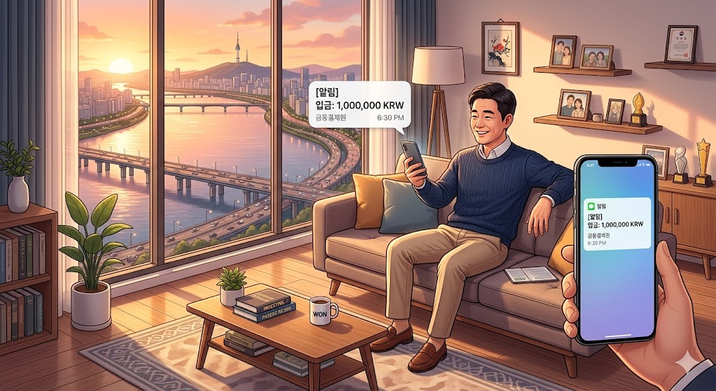 넥타이를 푼 아빠가 100만 원 입금 알람을 보며 한강 뷰 배경으로 웃는 3D 일러스트