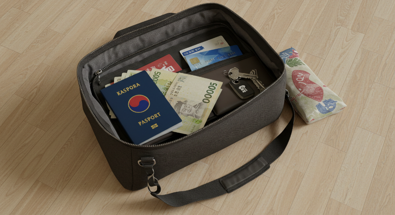 여행 가방 안에 분산 보관된 현금, 여권, 카드 등 외화 관련 물품
