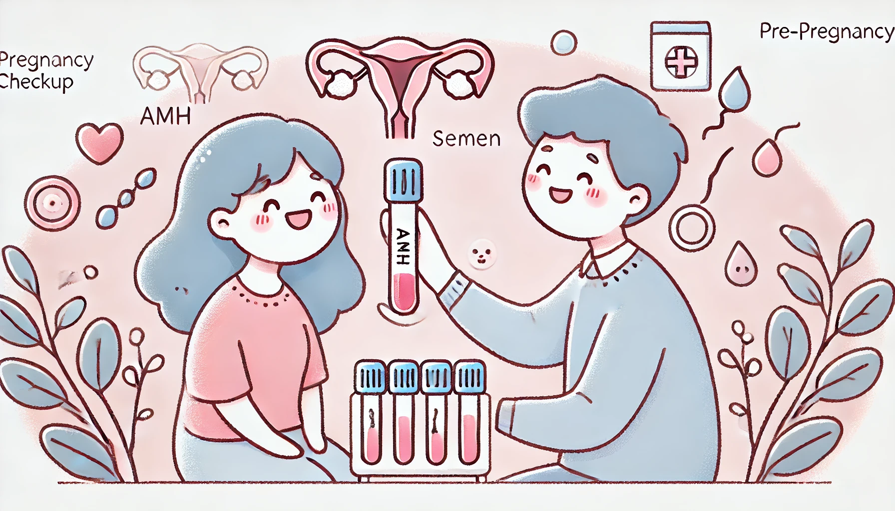 귀엽고 연한 톤으로 표현된 AMH 검사와 정액 검사 캐릭터 일러스트