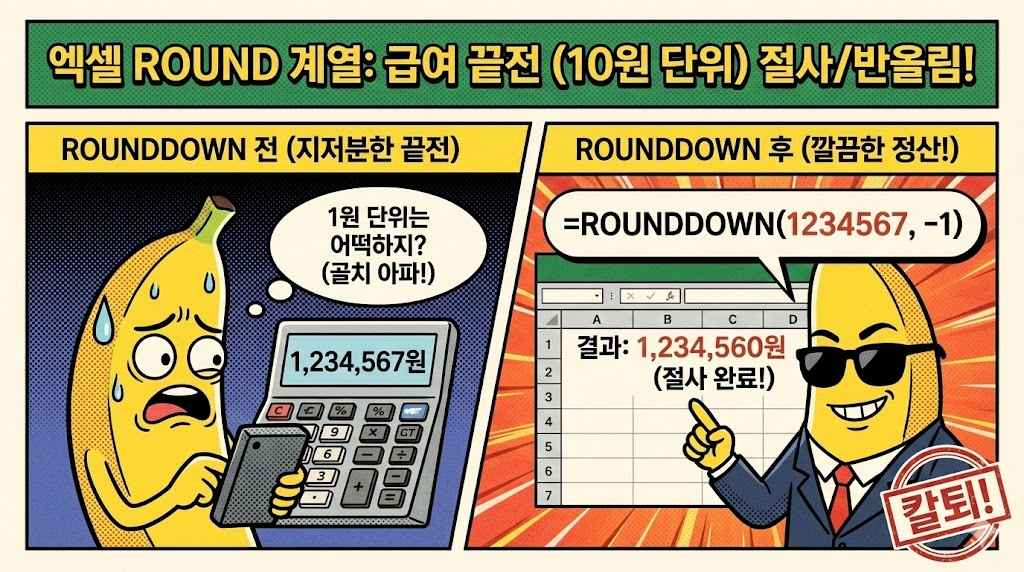 ROUND 계열 (ROUND, ROUNDUP, ROUNDDOWN): 급여 계산 시 10원 단위 절사/반올림 처리하기