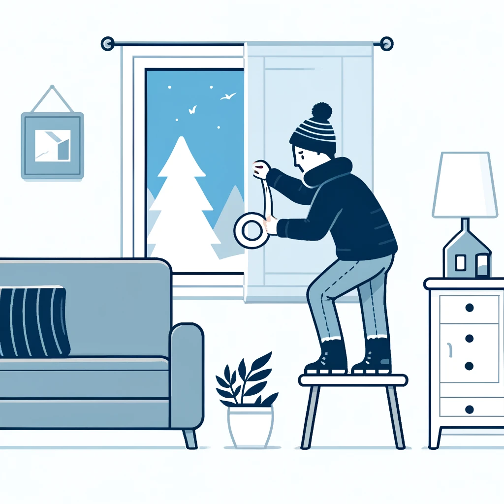 창문 틈새를 단열 테이프로 막아 열 손실을 줄이는 모습