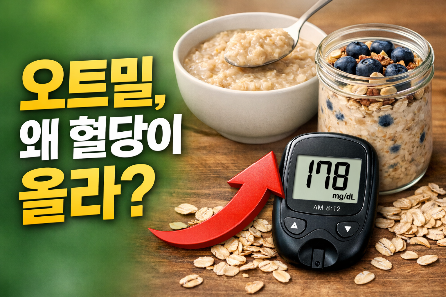 오트밀 당뇨 주제로 오트밀 죽, 오버나이트 오트밀, 혈당측정기를 함께 배치해 혈당 차이를 설명하는 썸네일