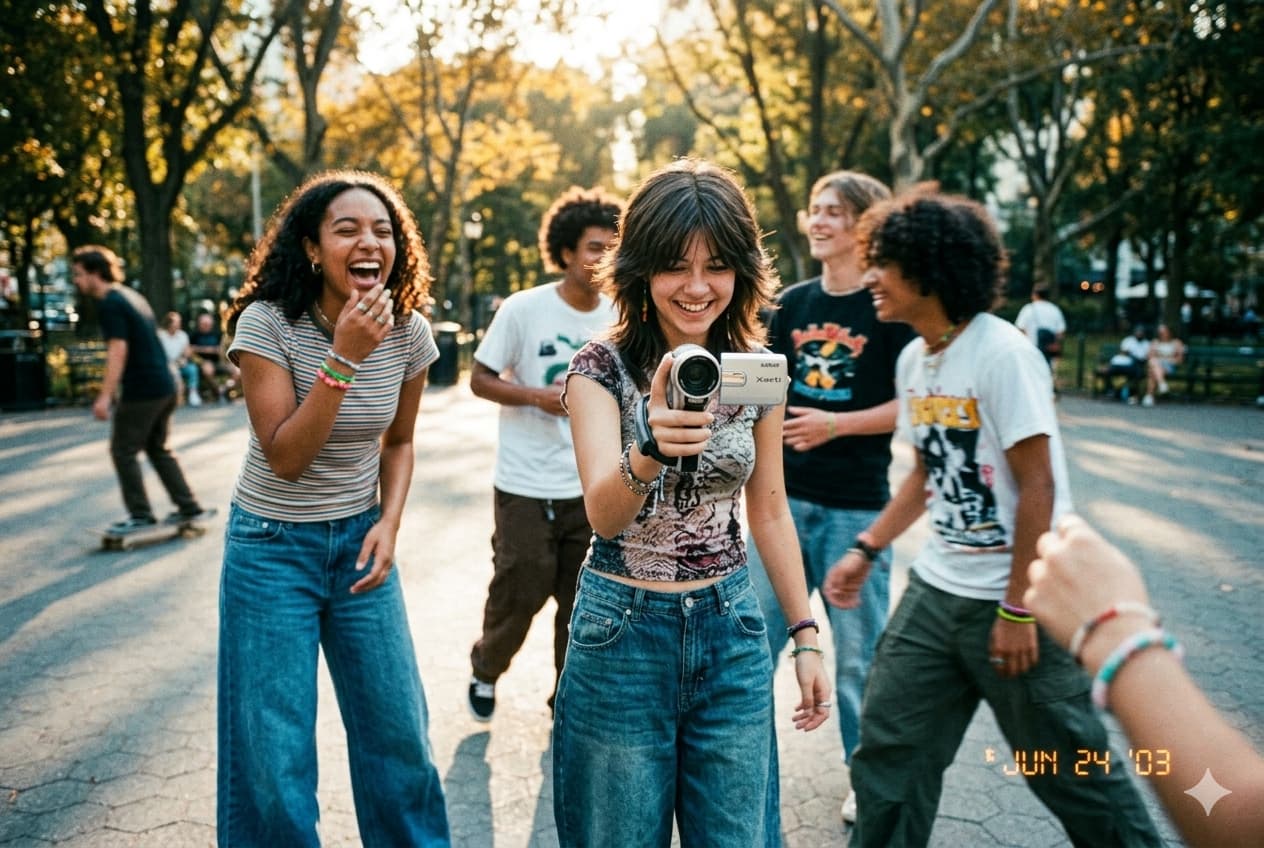 햇살 가득한 공원에서 청바지를 입은 소녀가 산요 작티 캠코더로 친구들을 촬영하는 생동감 넘치는 장면. 35mm 필름 느낌의 거친 입자감과 Y2K 레트로 감성 사진.