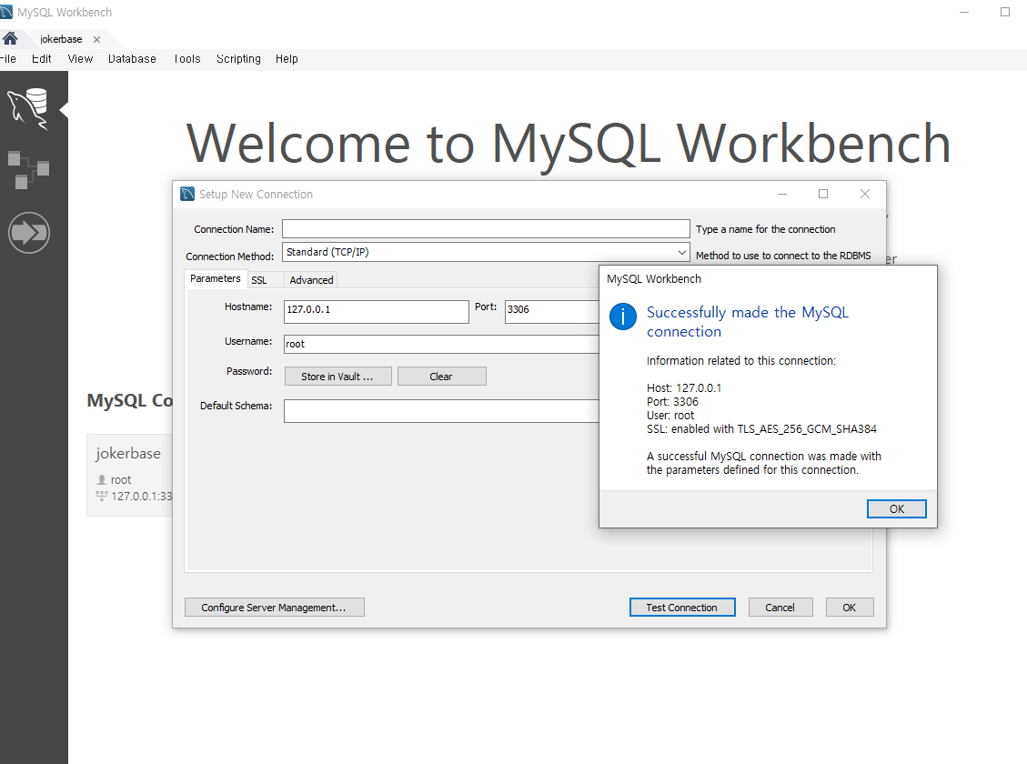 테스트 연결 성공 화면
