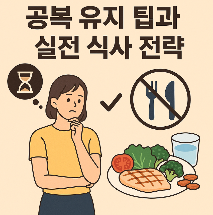 공복 유지 전략과 실전 식사법을 시각적으로 보여주는 일러스트