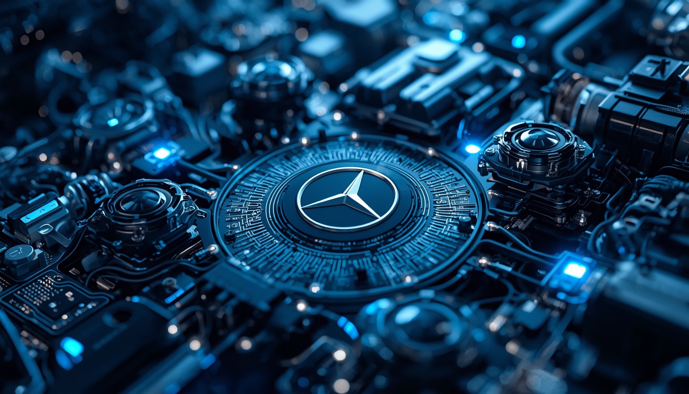 Abstract 3D high-tech visualization showing automotive engine parts, sensors, and circuit boards converging toward a glowing luxury car emblem.