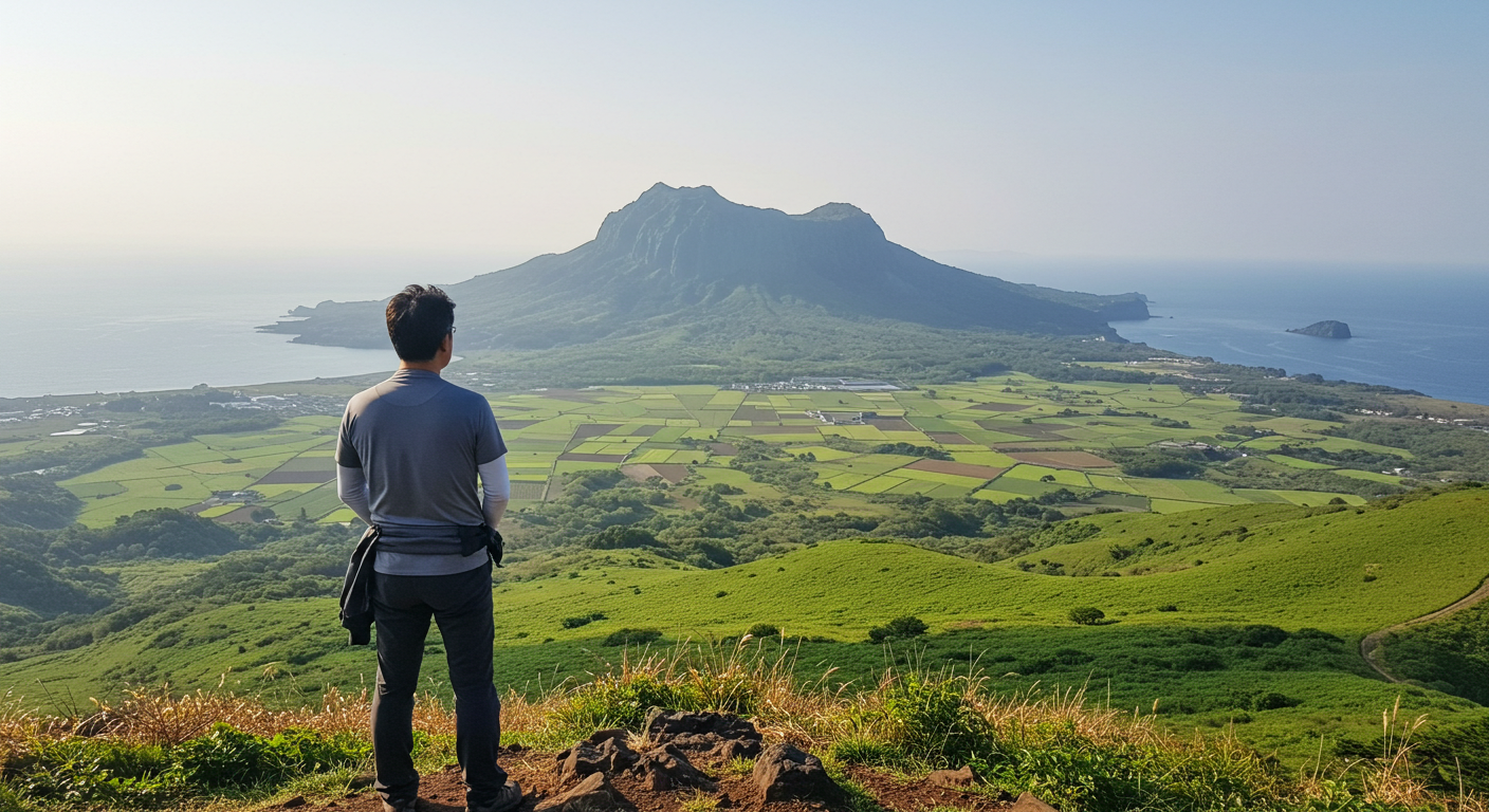 제주 오름 정상에서 한라산, 바다, 들판을 한눈에 보며 평화로운 시간을 보내는 한국인의 뒷모습.