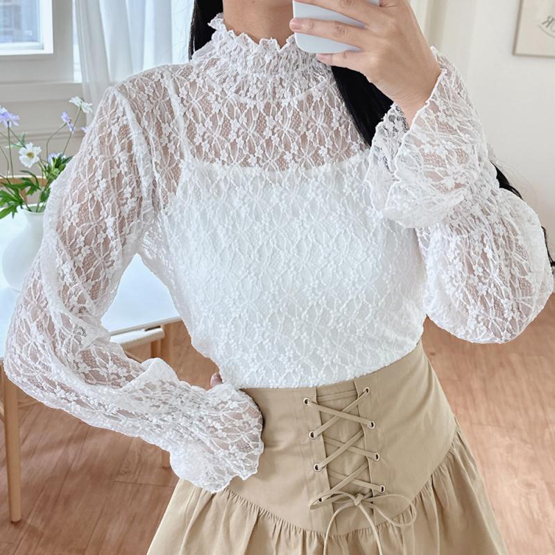 하이넥 프릴블라우스 이너 시스루 블라우스 카라 레이어드 레이스블라우스 블랙 아이보리