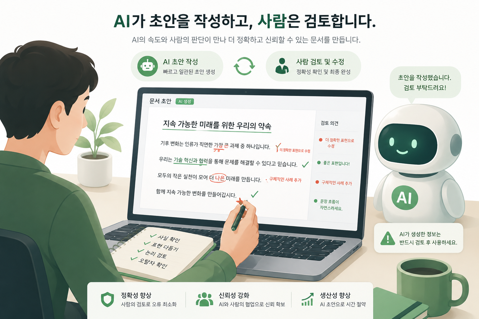 AI가 작성한 초안을 사람이 검토하고 수정하는 모습을 표현한 일러스트