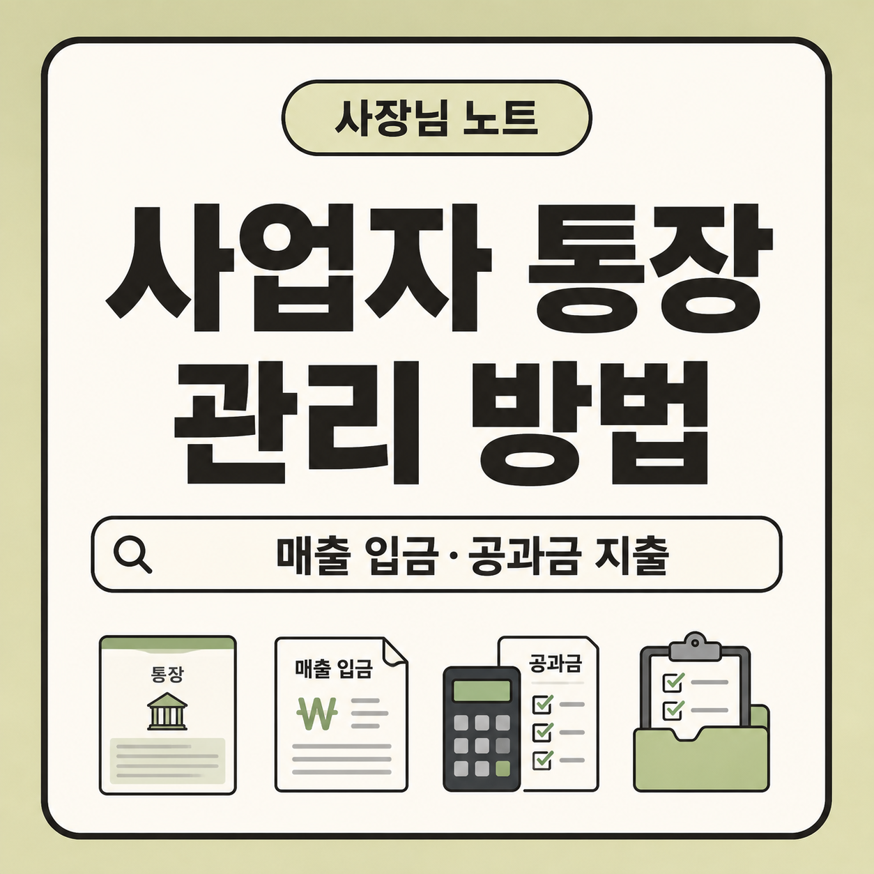 작은 가게 사장님이 사업자 통장으로 카드매출, 배달앱 정산, 현금매출, 공과금, 임대료, 급여, 세금 납부를 구분해 관리할 수 있도록 정리한 대표 이미지