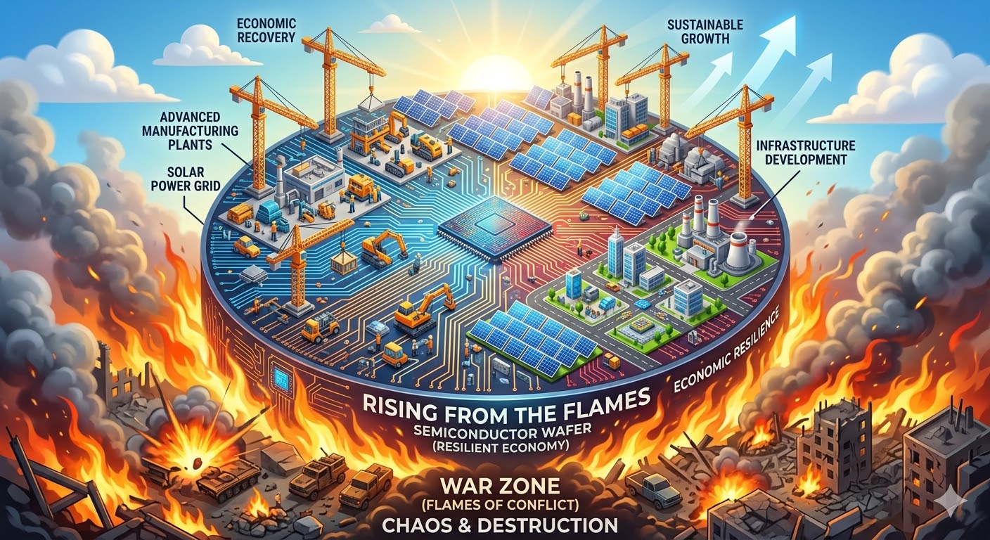 전쟁의 화염을 뚫고 솟아오르는 거대한 반도체 웨이퍼와 그 위를 달리는 태양광 패널, 건설용 기중기가 조화를 이룬 3D 인포그래픽