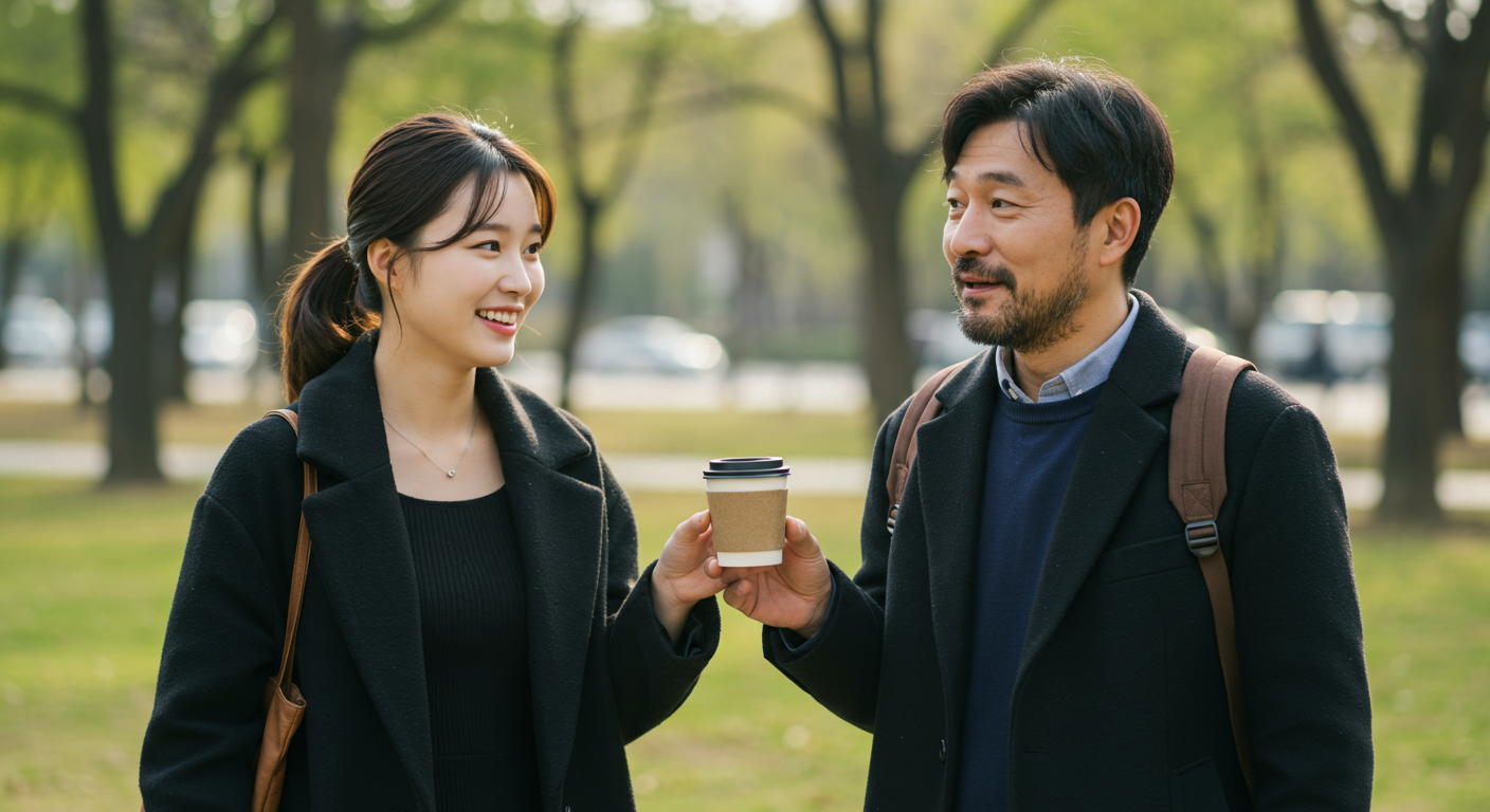 낯선 이에게 커피를 건네는 사람 =이미지