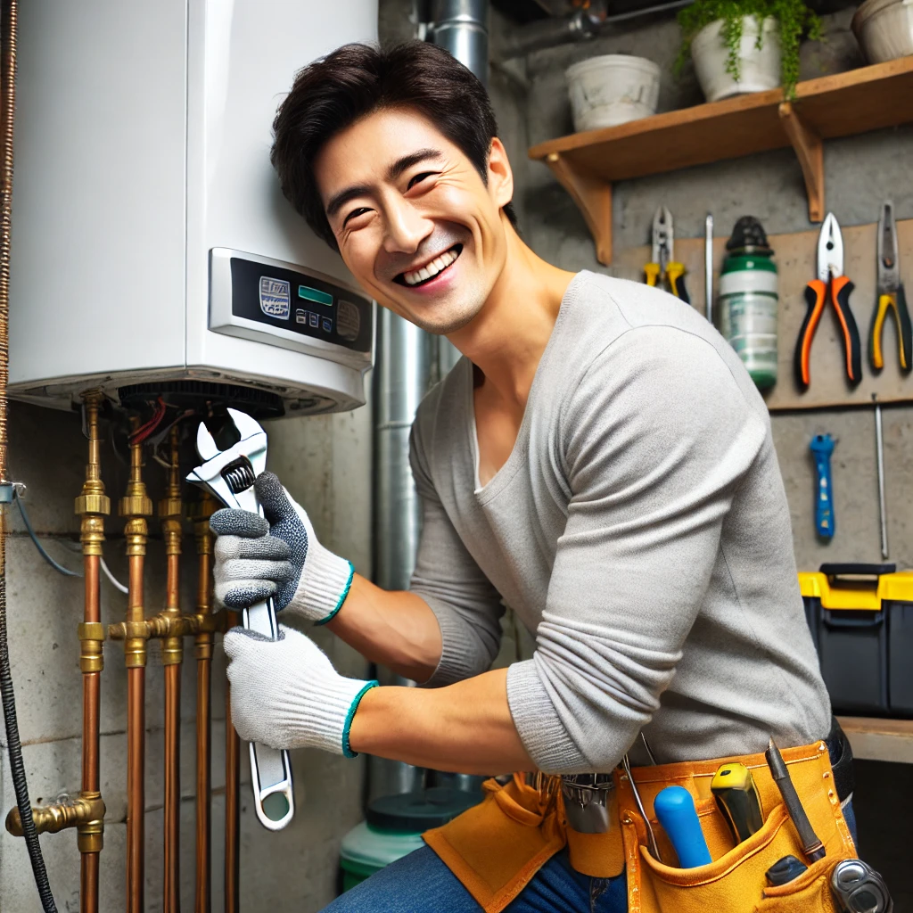 중년 남성의 보일러 수리 이미지