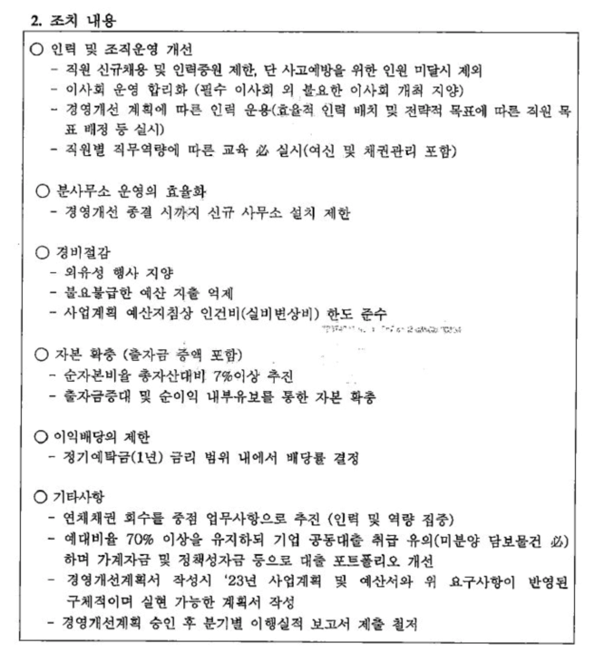 새마을금고 홈페이지 전자공시 경영개선권고에 따른 조치 사항