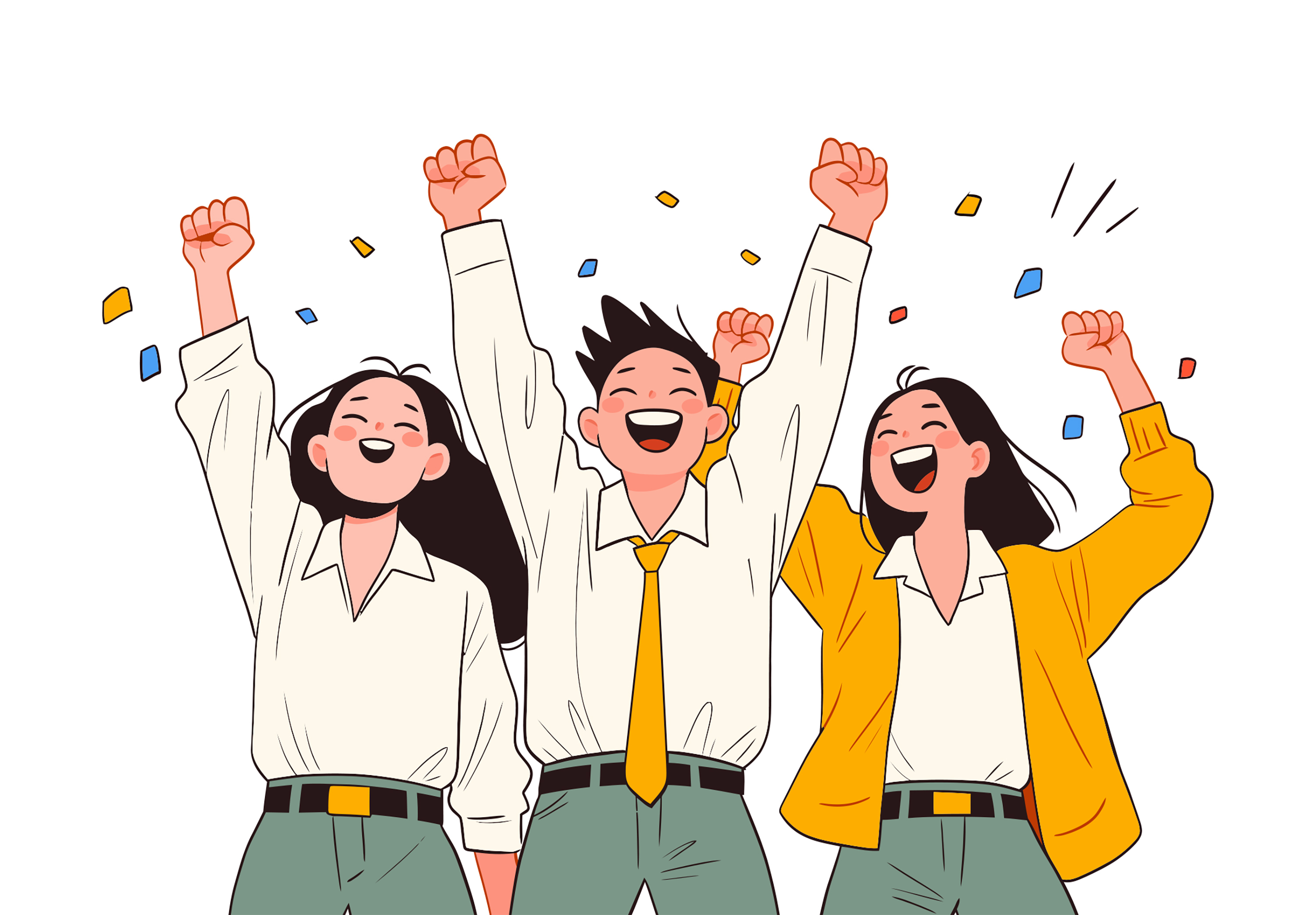 환호하는 여자두명과 가운데 남자한명 일러스트
