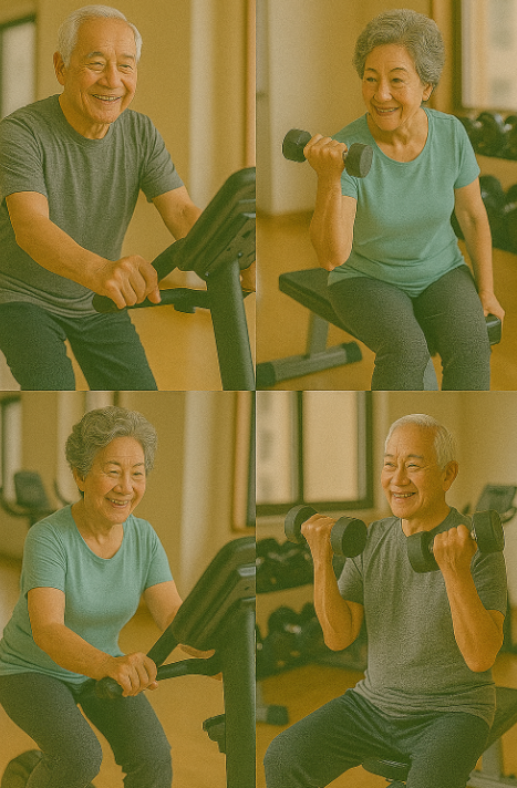 노부부 유산소및 근력 운동하는 모습