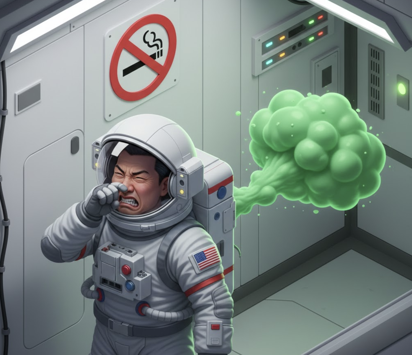 우주선 안에서 초록색 방귀 구름 때문에 코를 막고 괴로워하는 우주인과 벽에 붙은 금연 표시판 일러스트