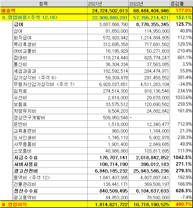 2022년 투믹스 감사보고서(손익계산서) 엑셀정리