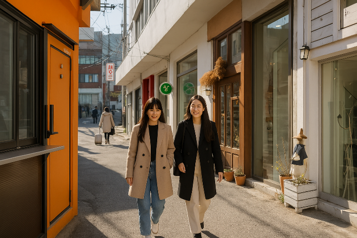 부산 해리단길의 힙한 감성 골목 풍경. 개성 있는 작은 카페와 상점들이 늘어서 있고, 20대 여성 두 명이 길을 걷고 있다.