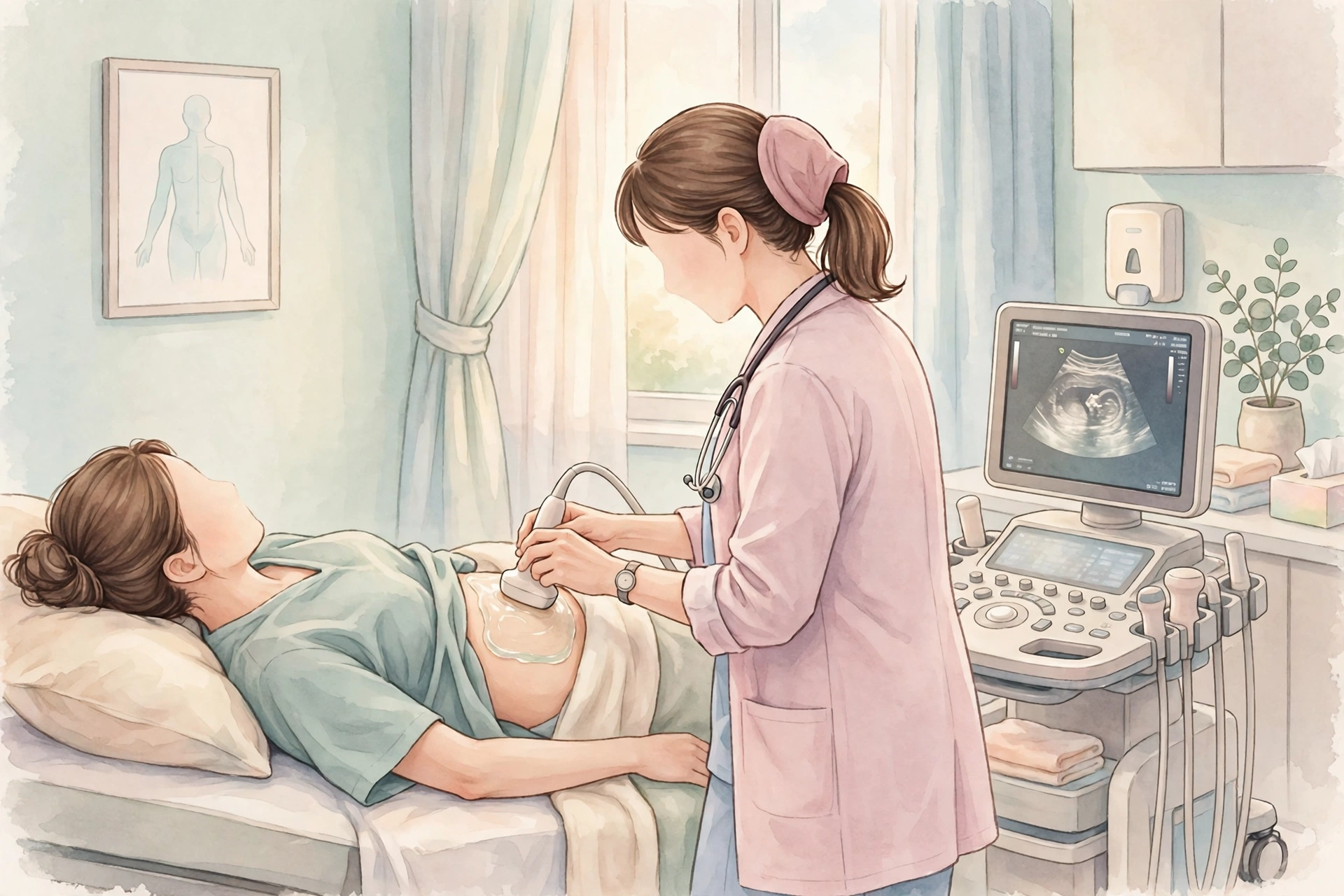 산부인과 초음파 검진을 받는 여성 일러스트