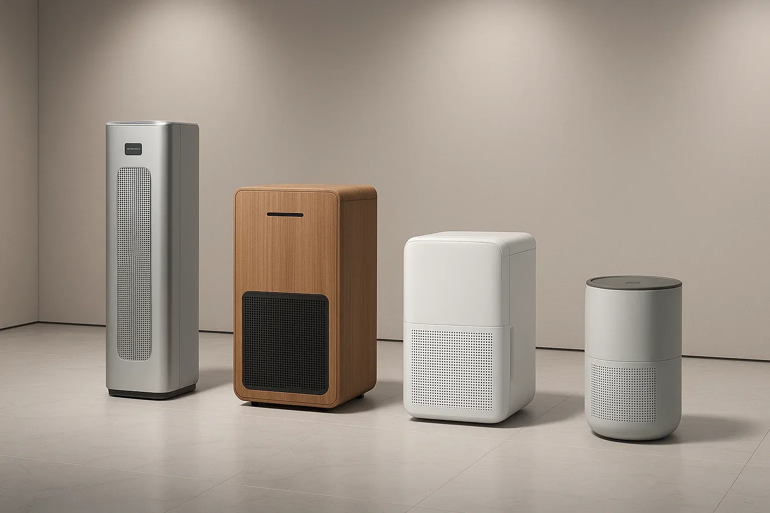 다양한 디자인의 제습기 4종이 전시된 실내 공간