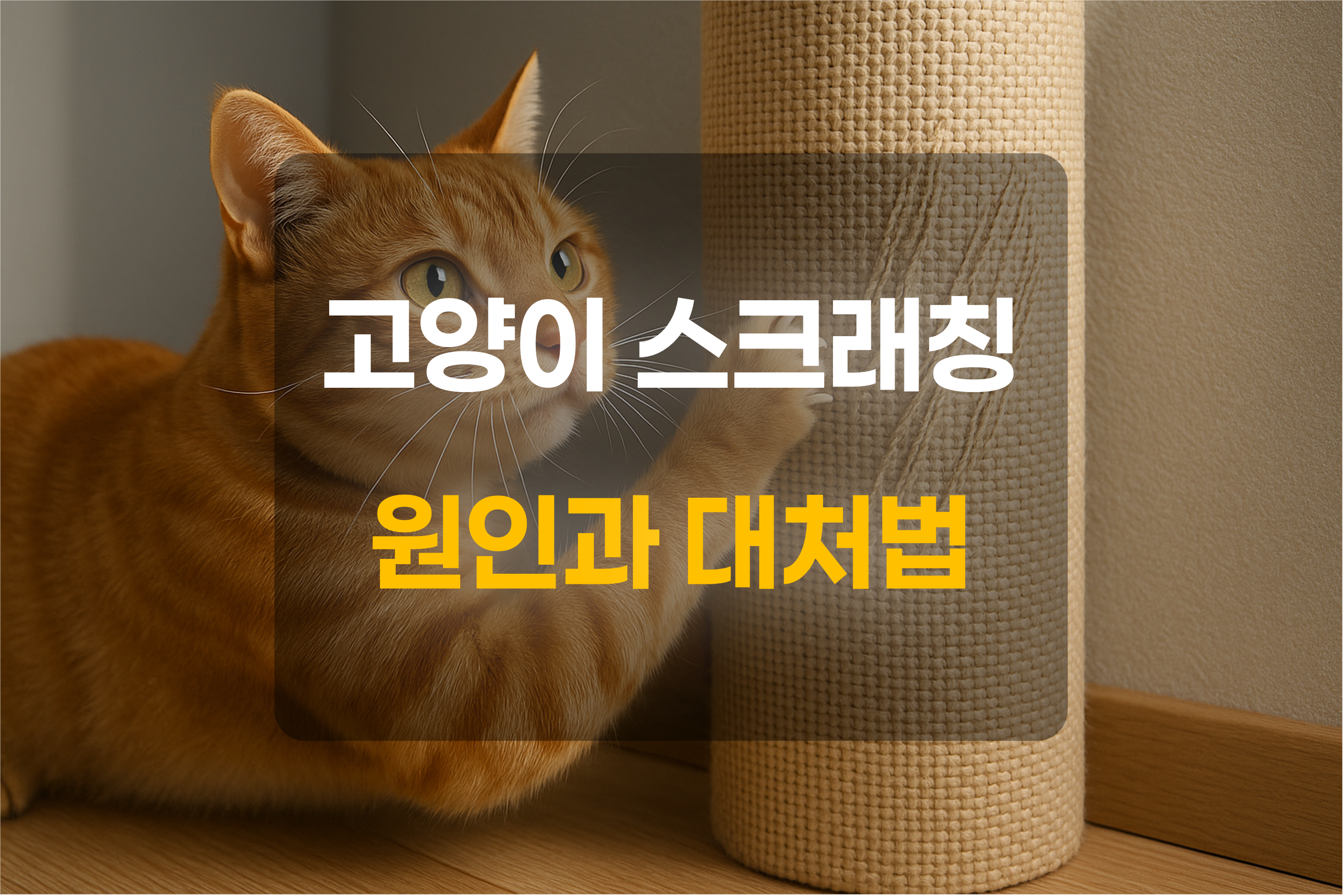스크래처를 긁고 있는 고양이와 텍스트를 포함한 그림