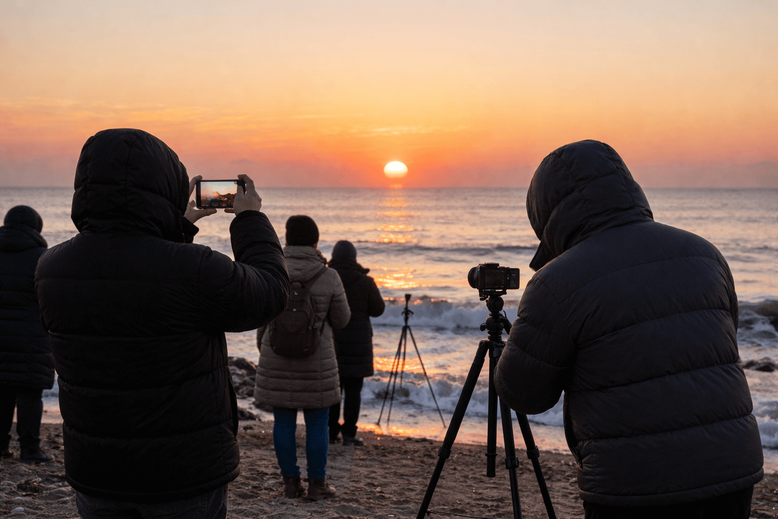 새해 해돋이 시간 확인을 위해 스마트폰으로 일출을 준비하는 모습