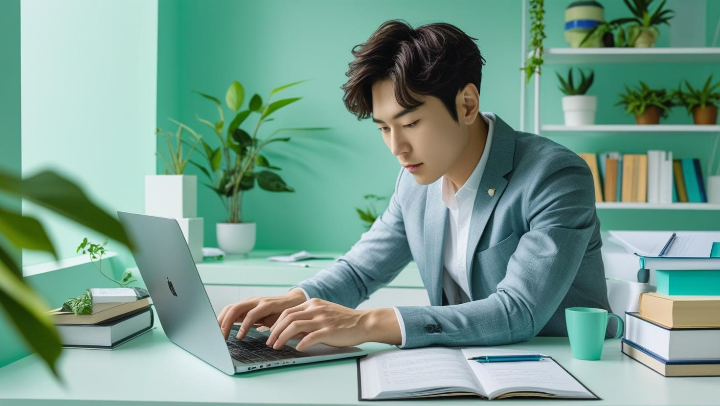 노트북 앞에서 고품질 블로그 글을 작성하는 남성 블로거