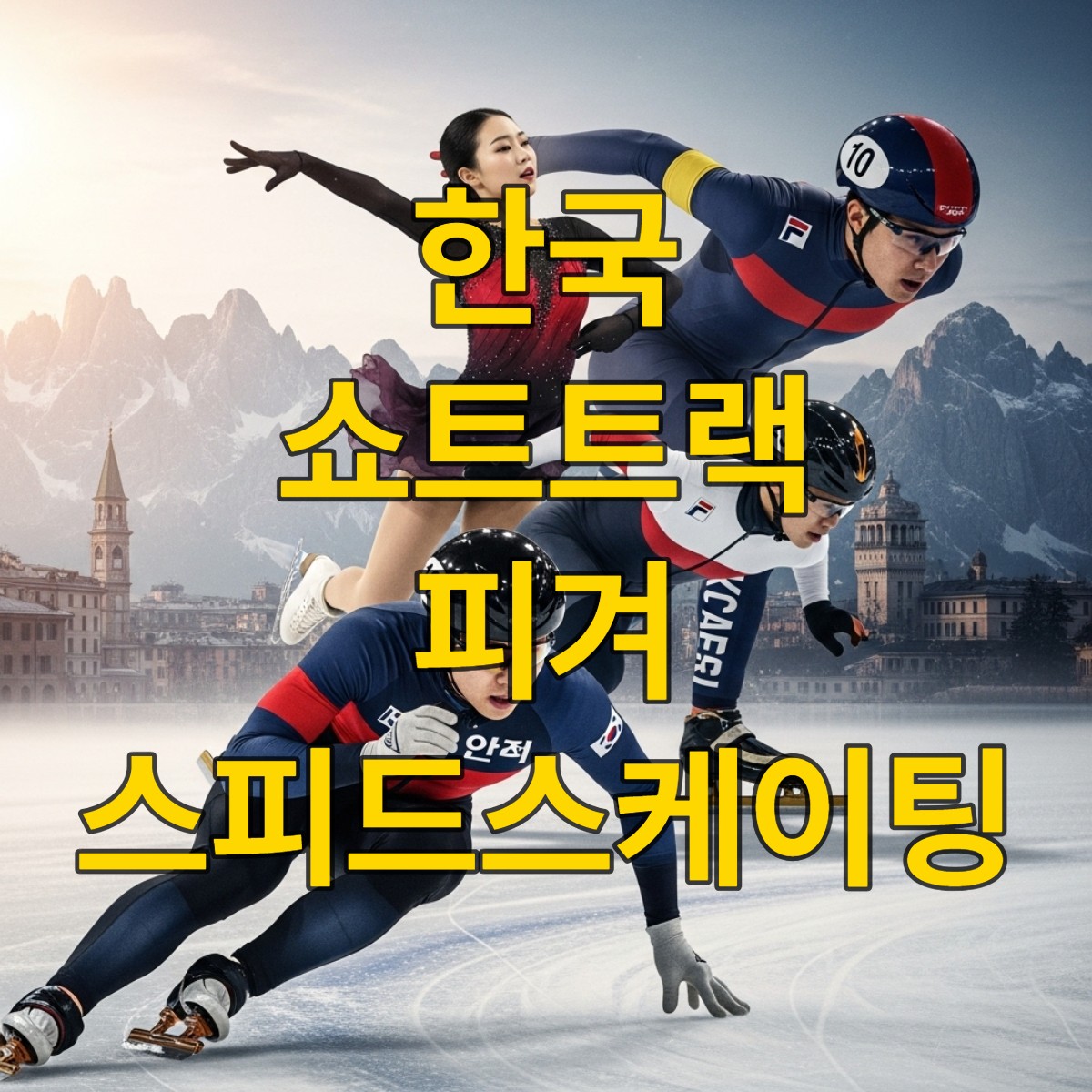 2026 밀라노 올림픽에서 한국 선수들이 쇼트트랙, 피겨, 스피드스케이팅 경기를 펼치는 역동적인 모습과 이탈리아 알프스 풍경.