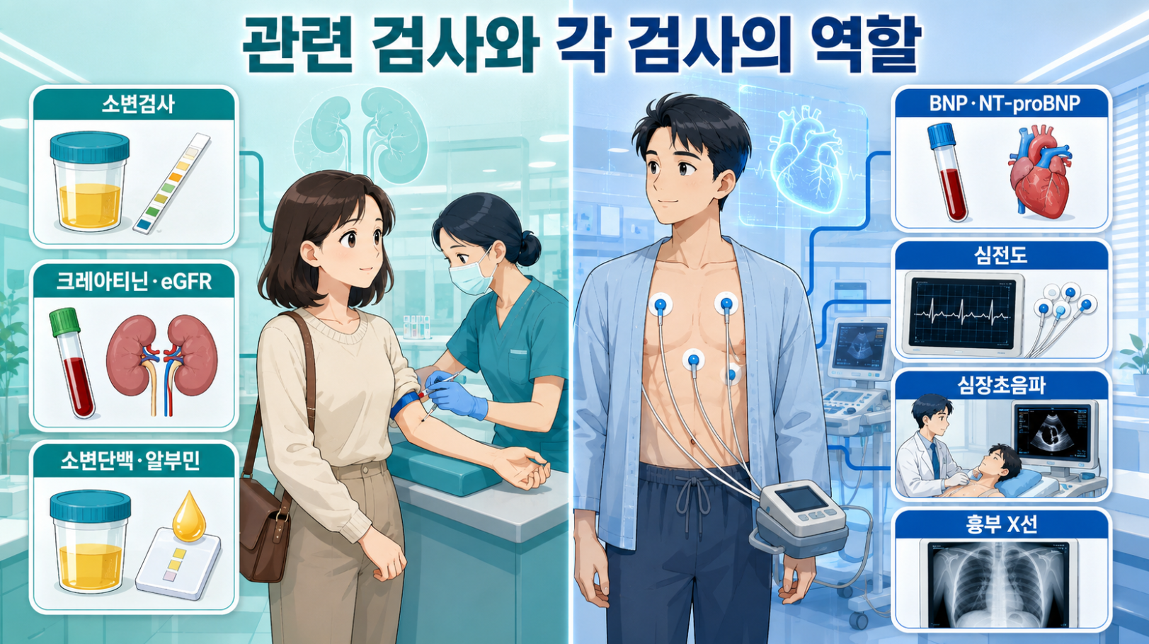 양쪽 발목 부종에서 시행할 수 있는 소변&middot;신장기능검사와 심전도&middot;심장초음파&middot;흉부 X선 안내