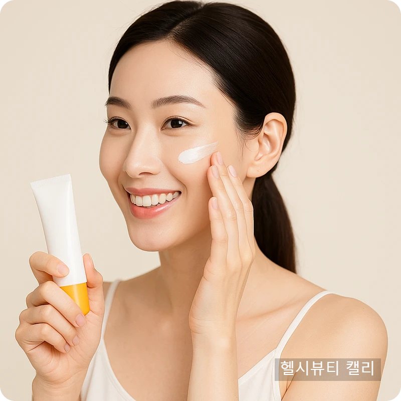 밝고 하얀 피부에 오똑한 코를 가진 30대 여성, 환하게 웃으며 썬크림을 바르고 있는 모습
