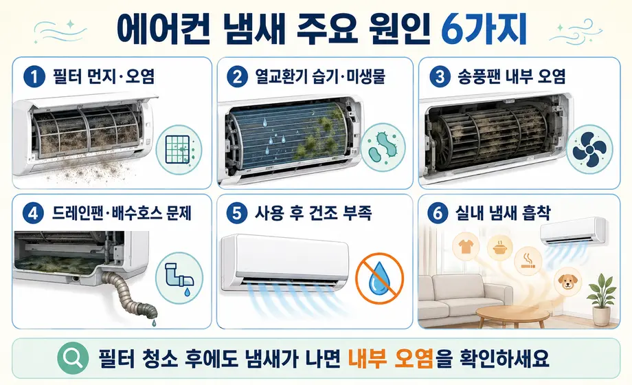 에어컨 냄새 주요 원인 6가지 필터와 열교환기 및 배수 문제