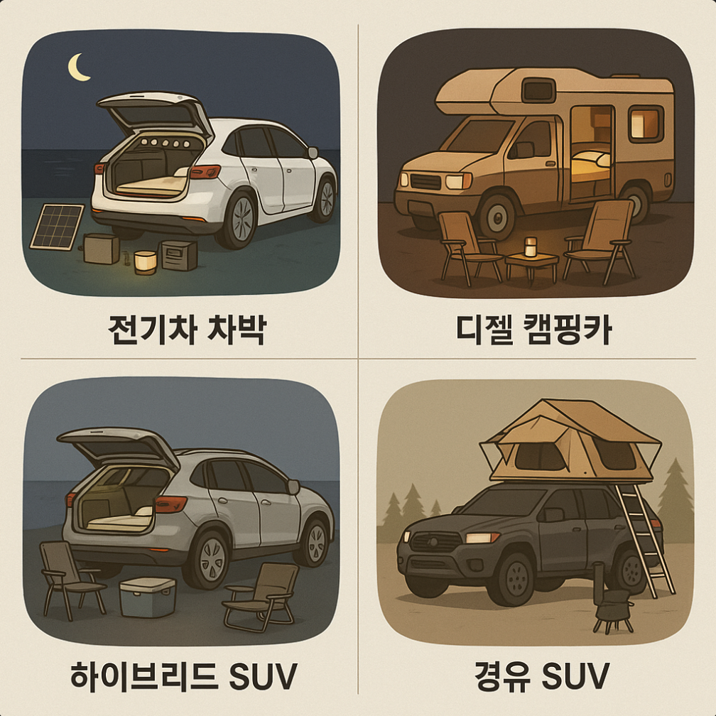 전기차 차박 장단점 비교 (디젤캠핑카, 하이브리드, 경유SUV)