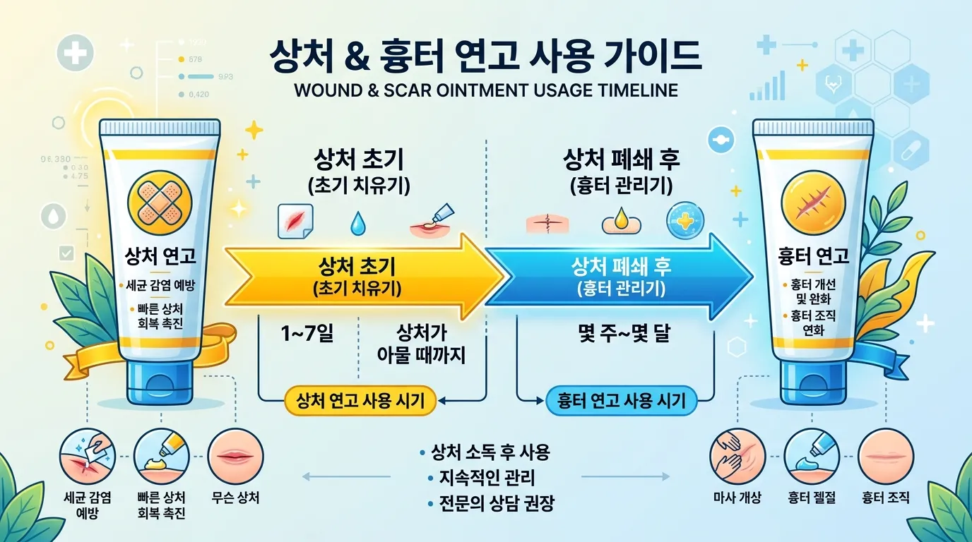 상처 연고와 흉터 연고의 올바른 사용 시점을 비교한 도식