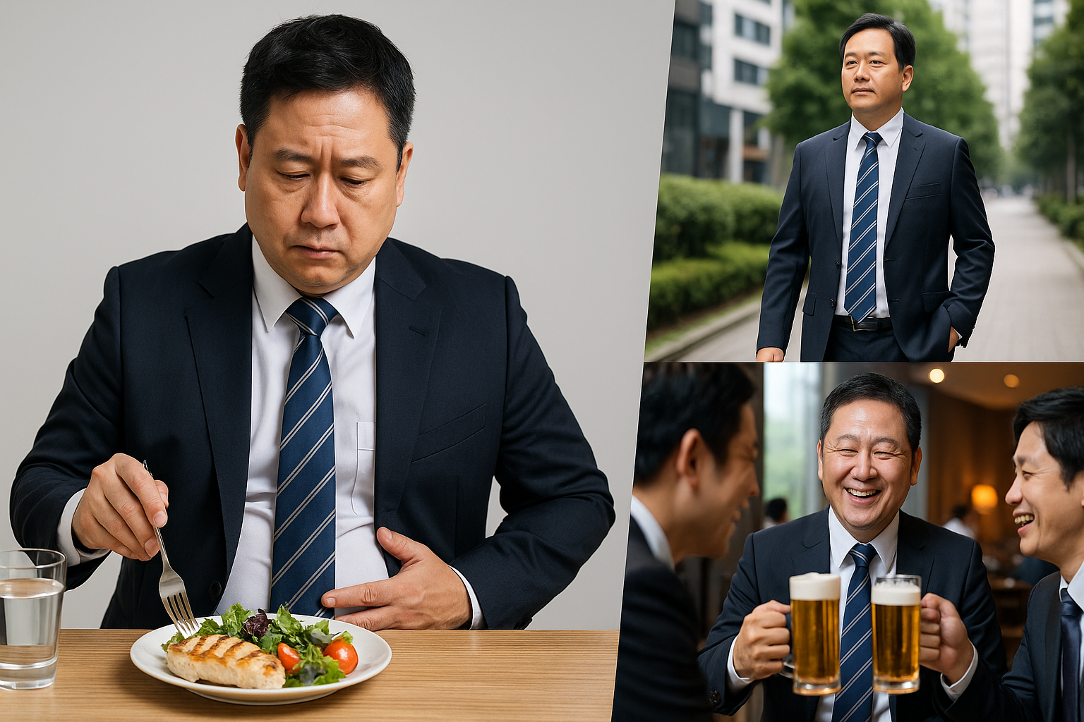 40대 남성 CEO 건강관리법 16:9 비율 이미지 (식사, 걷기, 회식)