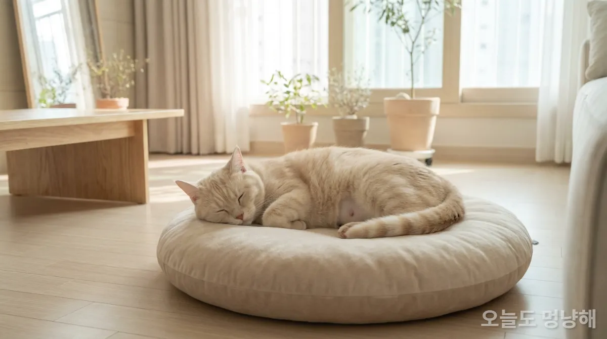 중성화 수술 후 차분하고 편안하게 낮잠을 자는 한국 고양이의 모습, 수술 후 긍정적인 행동 변화를 보여줍니다.