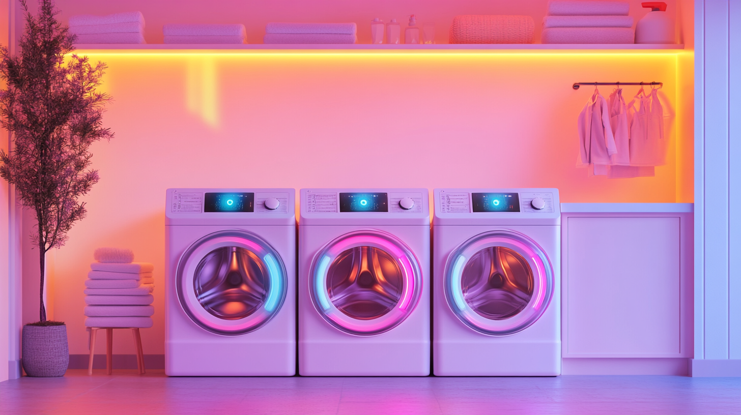 세련된 디자인의 AI 주도 세탁기가 자리한 생기 있는 유틸리티 룸의 모습
