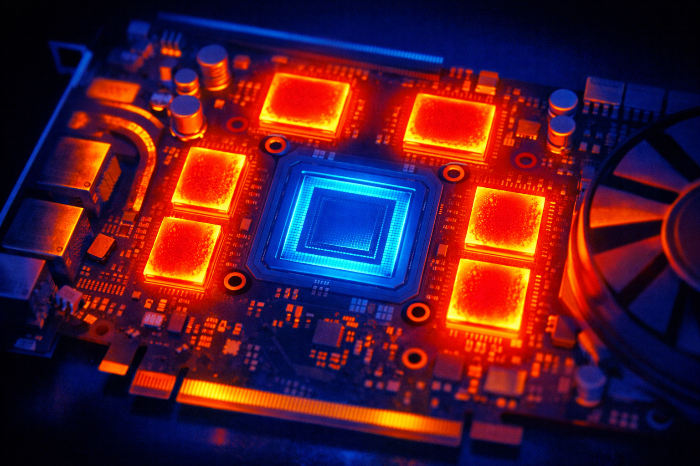 GDDR7 메모리의 발열 집중 현상을 보여주는 열화상 스타일의 테크 이미지